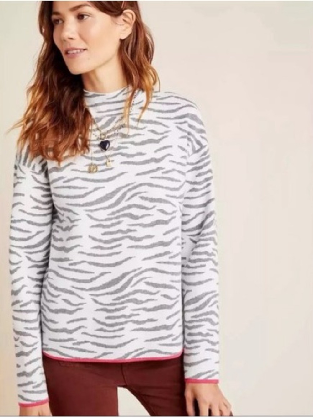 Anthropologie Cream and Gray Zebra-Print Turtleneck Sweater with Pink Trim